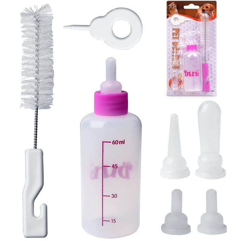 kuou 60ML Puppy Nursing Bottle Kit, Dog Cat Puppy Milk Feeding Bottle With 4 Replacement Nipples Milk Feeder Nursing Care Set and 1PCS Nipple Brush - PawsPlanet Australia