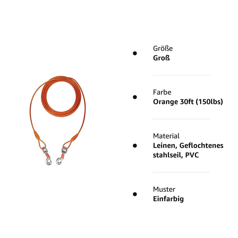 EzyReach Cable Leash for Dogs, Pet Tie Out Cables Leashes Yard Leash for Large Dogs up to 68 kg (150 lbs), 9 m (30 ft) Orange 30 ft (150 lbs) - PawsPlanet Australia