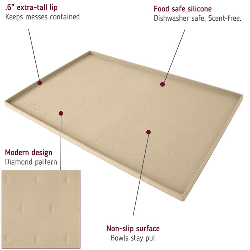 Leashboss Splash Mat Dog Food Mat with Tall Lip, M/L (20"x13"), XL (25”x17”) or XXL (30"x22") Dog Bowl Mat for Food and Water, Non Slip Waterproof Silicone Pet Food Mat for Dogs and Cats M/L - 20 x 13 Inches Beige - PawsPlanet Australia