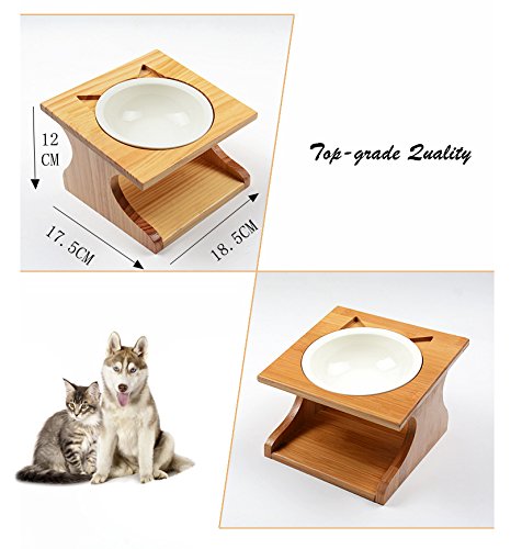 [Australia] - Smith Chu Premium Elevated Pet Bowls, Raised Dog Cat Feeder Solid Bamboo Stand with Ceramic Food Feeding Bowl - Cute Kitty Bowl for Cats and Puppy Single Bowl 