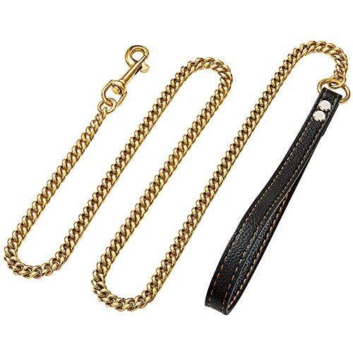 3ft Long Heavy Duty Durable 18k Gold Metal Chain Dog Leash for Large Dogs, Anti-chew Water-Resistant Unbreakable Stainless Steel Cuban Chain Links with Padded Leather Handle Lead Training Leash 24 inch chain length - PawsPlanet Australia