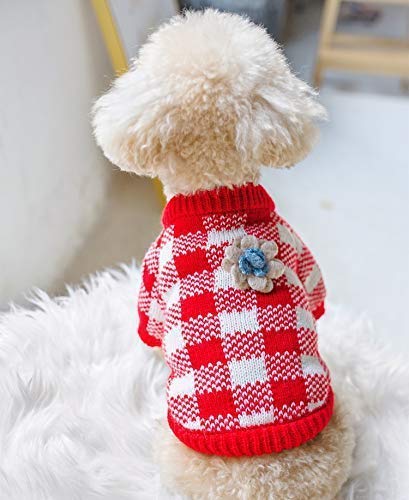 Red White Sweaters for Small Dogs Cats Adorable Pet Clothes, Red Plaid Medium 12" Back Length - PawsPlanet Australia