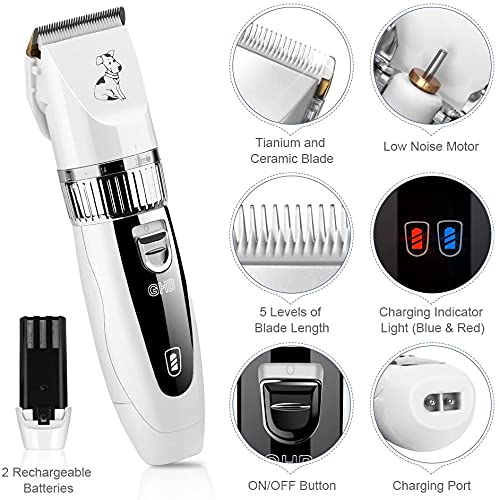 GHB Electric Dog Hair Clipper Cordless Pet Grooming Kit Low Noise with Steel Comb Scissor 2 Rechargeable Batteries 6 Guide Combs White - PawsPlanet Australia