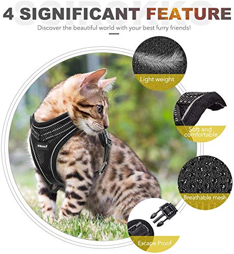 SCIROKKO Cat Harness and Lead Set - Escape Proof Adjustable Puppy Harness for Outdoor with Reflective Strap, Soft Mesh with Metal Clip Cat Walking Jacket for Kitten Rabbit Black - PawsPlanet Australia