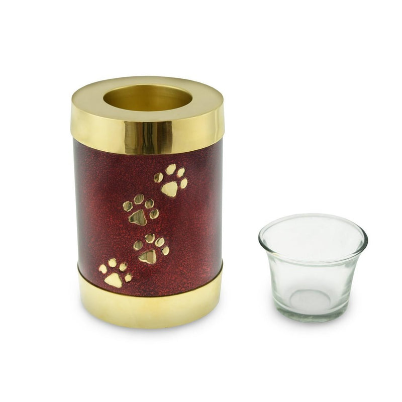 Cherished Urns Paw Print Red/Brass Paw Print Tea Light Pet Cremation Urn - PawsPlanet Australia