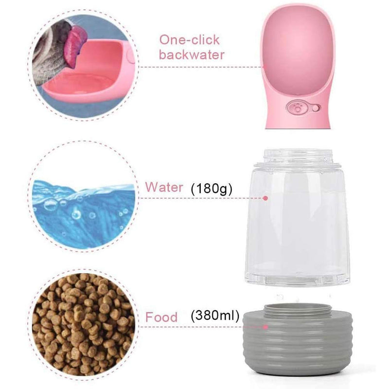 Top-Newest Dog water bottle for Walking with food cup, Portable Leak Proof Drinking bottle for Dog Cat Pet Outdoor Travelling (Pink, 380ml) pink - PawsPlanet Australia