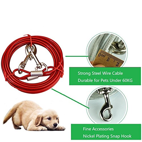 Pet Tie Out Cable for Dogs - Double Heads Steel Wire Tieout Leash Chew Resistant Dogs Metal Leash for Camping Outdoor Yard 3m/10Ft Red - PawsPlanet Australia