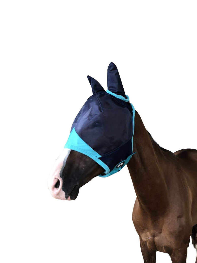 TGW RIDING Horse Mask with Ears Fine Mesh Warmblood Navy/Turquoise - PawsPlanet Australia