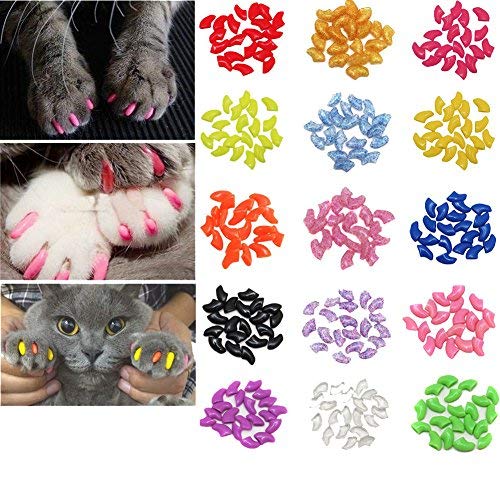 JOYJULY 100pcs Soft Pet Cat Kitten Claw Nail Covers Caps Control Soft Paw of 5 Different Colors Random+5 Adhesive Glue, Size XS - PawsPlanet Australia
