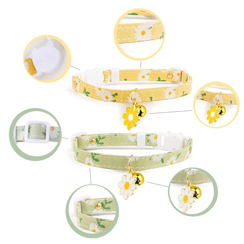XIXKOLYU 2 Pack Cotton Breakaway Cat Collar with Bell, Yellow & Green Flowers Pendant Cute Cat Collar Kitten Collar, Ideal for Girl Cats Boy Cats Yellow + Green - PawsPlanet Australia
