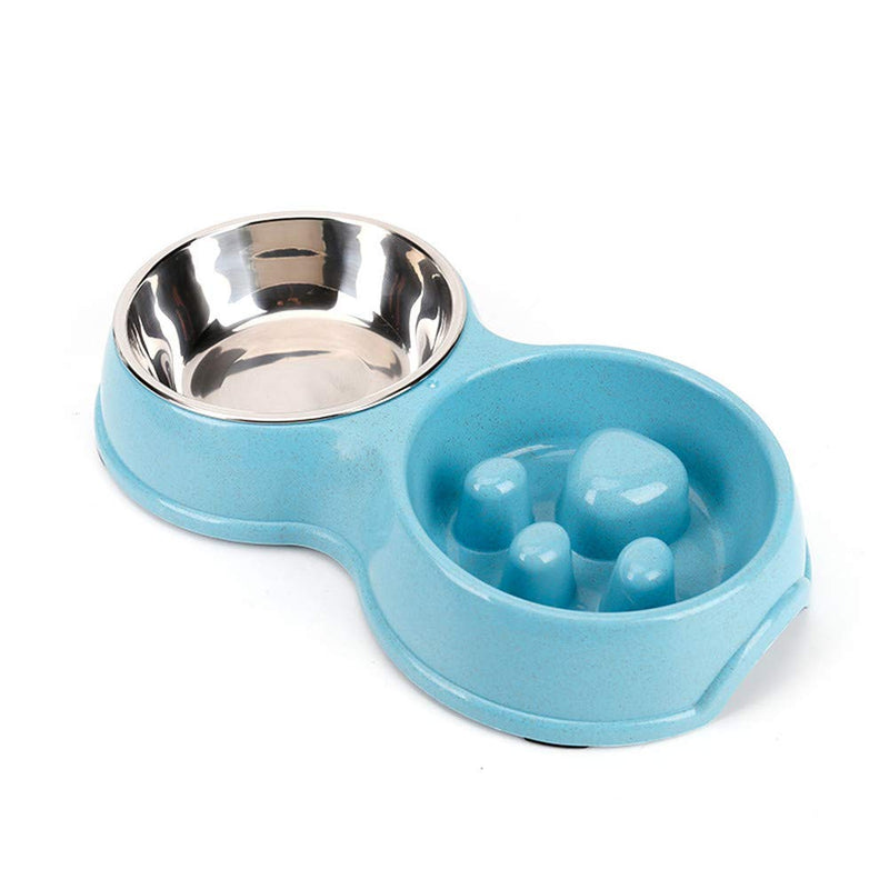 Tineer Double Pet Dog Slow Feeder Bowl,Stainless Steel Anti-choke Puppy Food and Water Feeder for Dog Cats (Blue) Blue - PawsPlanet Australia