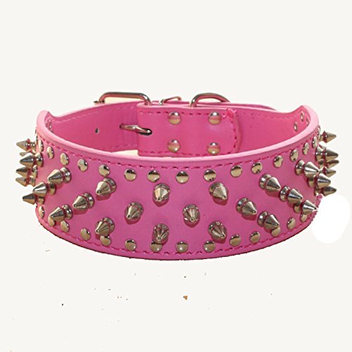 Haoyueer Faux Leather Studded Dog Collar for Medium Large Dogs Pit Bull Mastiff Bully Boxer (M, Neon Pink) M Pink - PawsPlanet Australia