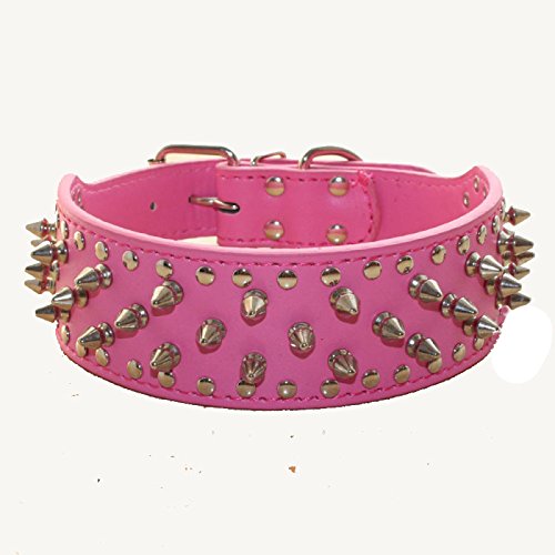 haoyueer Studded Dog Collars Punk Spiked Rivet with Stainless Buckle Soft Leather Chain Leash Combo Set Heavy Duty Fit Pitbull, Bulldog, Doberman (M, Hot Pink) M - PawsPlanet Australia