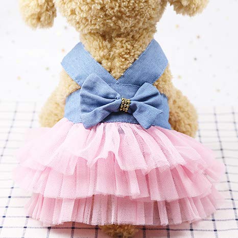 [Australia] - QingLuo Sweet Puppy Dog Princess Dress Pink Purple Bow Lace Tutu Skirt Doggie Dress for Dog Cat (X-Small, Denim Strap Pink) X-Small 