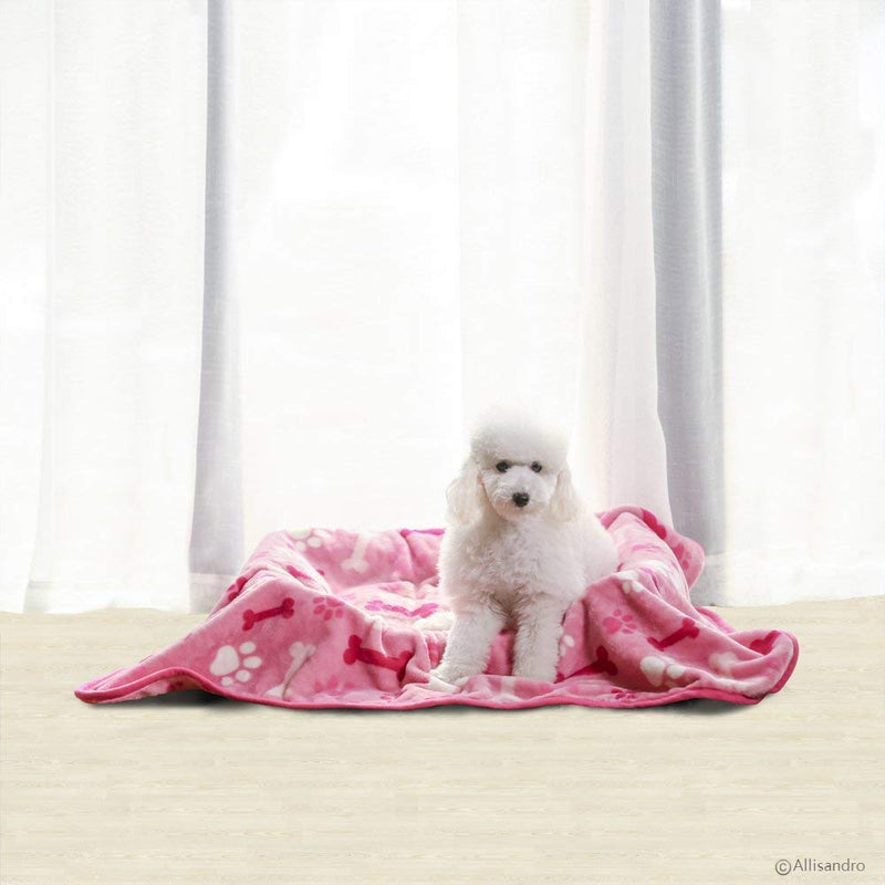 [Australia] - ALLISANDRO 350 GSM-Super Soft and Premium Fuzzy Flannel Fleece Pet Dog Blanket, The Cute Paw and Bone Design Washable Fluffy Blanket for Puppy Cat Kitten Indoor or Outdoor, Pink and Blue 32" x 24" 