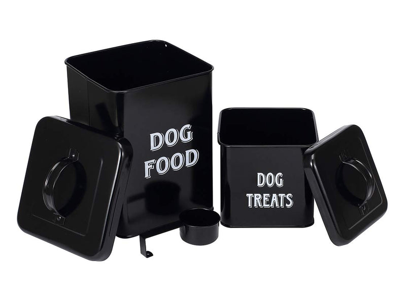 Pethiy Dog Food and Treats Containers Set with Scoop for Dogs-Vintage White Powder-Coated Carbon Steel - Tight Fitting Lids - Storage Canister Tins Small-Black Black - PawsPlanet Australia