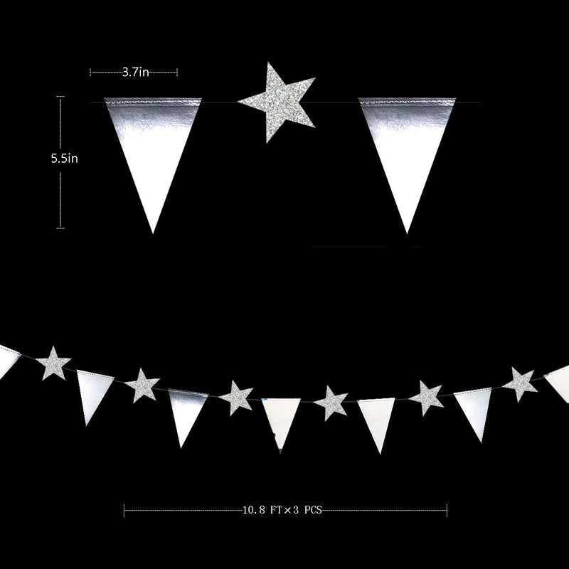 30 Ft Silver Party Decorations Triangle Flag Star Banner Double Sided Glitter Metallic Paper Pennant Bunting for Anniversary Birthday Wedding Bridal Shower Engagement Graduation Christmas Party - PawsPlanet Australia