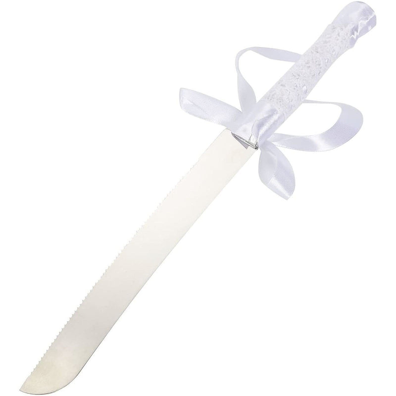 Silver Cake Server Set - Stainless Steel Wedding Knife with Ribbon, Lace, and Pearl Wrapped Around Handle - PawsPlanet Australia