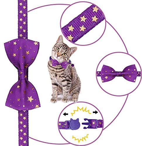 [Australia] - Yangbaobao 2PCS Breakaway Cat Collars with Bowtie and Bell Golden Stars Pattern Safety Kitten Collars, Adjustable from 7.0-12.5 Inch Purple+Blue 