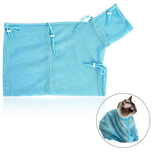 LHKJ Pet Cat Mesh Bag, Grooming Washing Bath Bag, Mesh Bag For Shower, Cleaning Ear, Medicine Feeding,Scratch-Resistant Bag, Fixed Bag Cat Bath Bag (Blue Bag) - PawsPlanet Australia