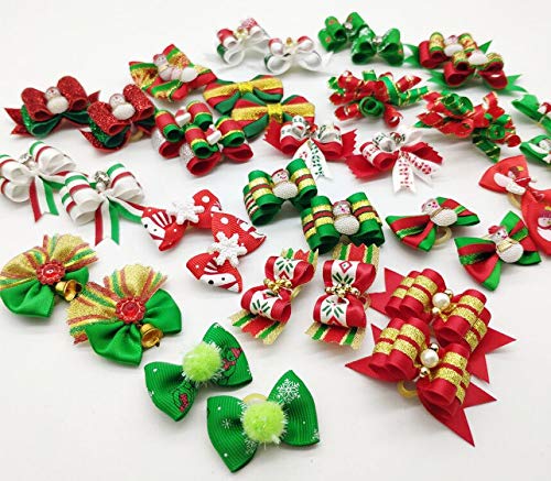 Hixixi 24pcs/12pairs Pet Dog Cat Christmas Designs 3D Hair Bows for Xmas Holidays Puppy Grooming Hair Accessories with Rubber Bands - PawsPlanet Australia