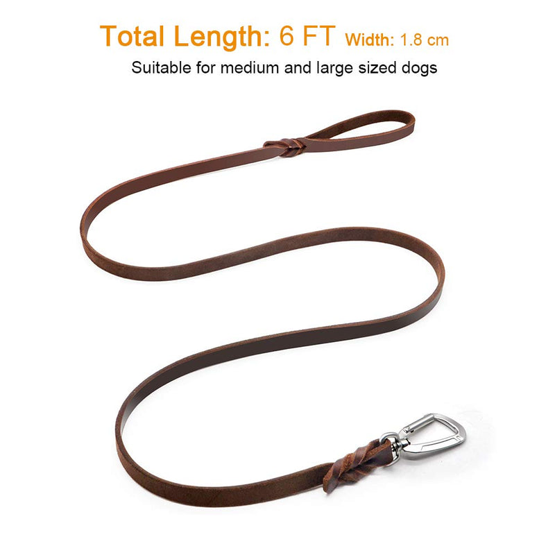 [Australia] - Wellbro Real Leather Dog Leash with Carabiner Clip, Soft and Heavy Duty Dog Training Leash, Durable Pet Walking Leash for Medium and Large Dogs, 6 Foot Long by 3/4 Inch Wide, Brown 