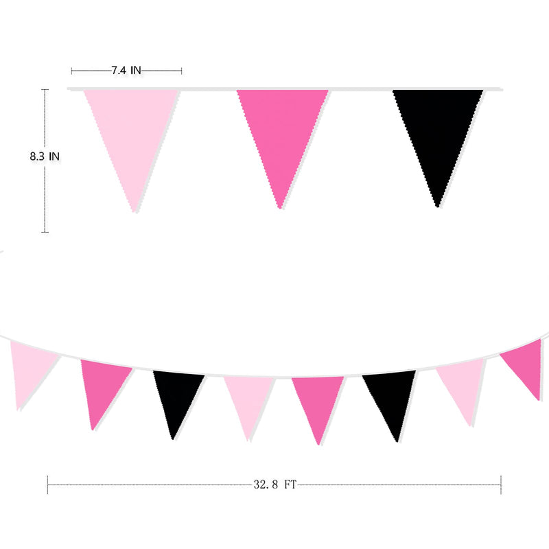 32Ft Rose Hot Pink Black Pennant Banner Fabric Triangle Flag Cotton Bunting Garland for Minnie Mouse Birthday Wedding Anniversary Party Home Nursery Outdoor Garden Hanging Festivals Decoration (36Pcs) - PawsPlanet Australia