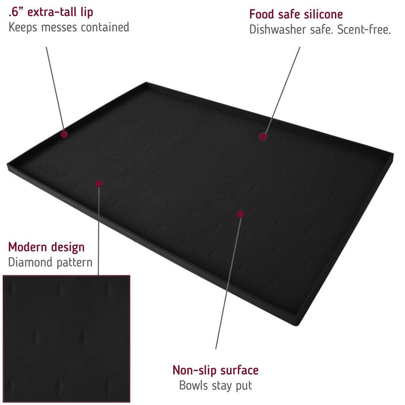 Leashboss Splash Mat Dog Food Mat with Tall Lip, M/L (20"x13"), XL (25”x17”) or XXL (30"x22") Dog Bowl Mat for Food and Water, Non Slip Waterproof Silicone Pet Food Mat for Dogs and Cats M/L - 20 x 13 Inches Black - PawsPlanet Australia