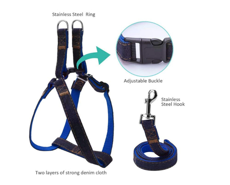 [Australia] - Mengbei tribe Dog Harness Collar and Leash Set, Adjustable Matching Set for Small, Medium and Large Dog, Wear-Resistant Denim Sewing Rope Length 47.2 inches blue 
