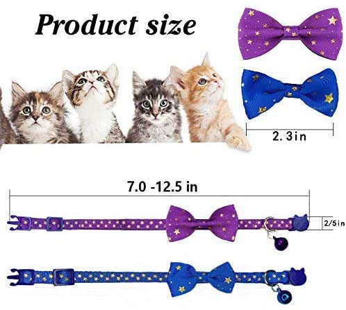 [Australia] - Yangbaobao 2PCS Breakaway Cat Collars with Bowtie and Bell Golden Stars Pattern Safety Kitten Collars, Adjustable from 7.0-12.5 Inch Purple+Blue 