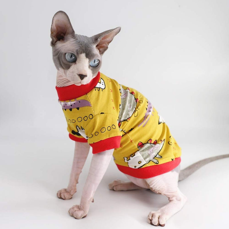 [Australia] - Sphynx Hairless Cat Cute Breathable Summer Cotton T-Shirts Pet Clothes,Round Collar Kitten Shirts, Cats & Small Dogs Apparel S (3.3-4.4 lbs) Dinosaur 