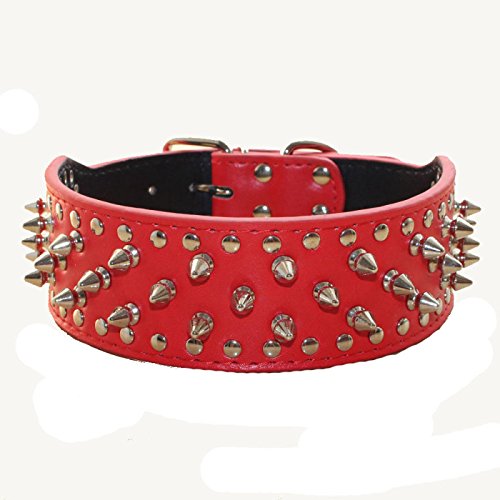 haoyueer Medium & Large Dog Leather Spiked Studded Dog Harness,Collar & Leash 3Pcs Set for Pit Bull,Mastiff, Boxer, Bull Terrier (L, Red) L - PawsPlanet Australia