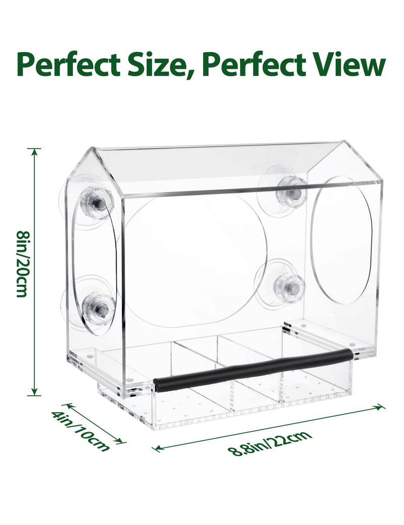 Acrylic Window Bird Feeder with 4 Strongest Screw Suction Cups, Equipped Magnetic Sliding Feeding Tray with Drain Holes, Including Water Compartment and Rubber Bird Perch, Easy to Clean, Hollow Design House-Type - PawsPlanet Australia