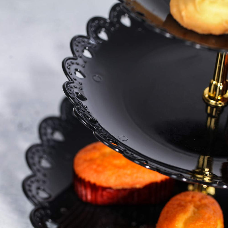 Black Round Plate 3 Tiered Serving Stand Tray Cake Stands Cupcake Holder Dessert Stand Table Decorations for Party Kids Birthday Tea Party Baby Shower Black Large - PawsPlanet Australia