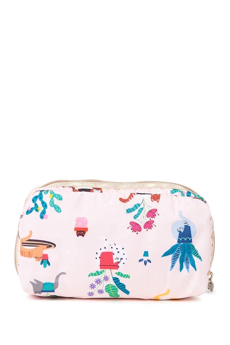 LeSportsac Comfy Cats Rectangular Cosmetic Bag Style 6511/Color F645 Colorful Playful Cozy Kittens and Cats Amid Floral Designs, Light Pink Iridescent Sheen Bag - PawsPlanet Australia