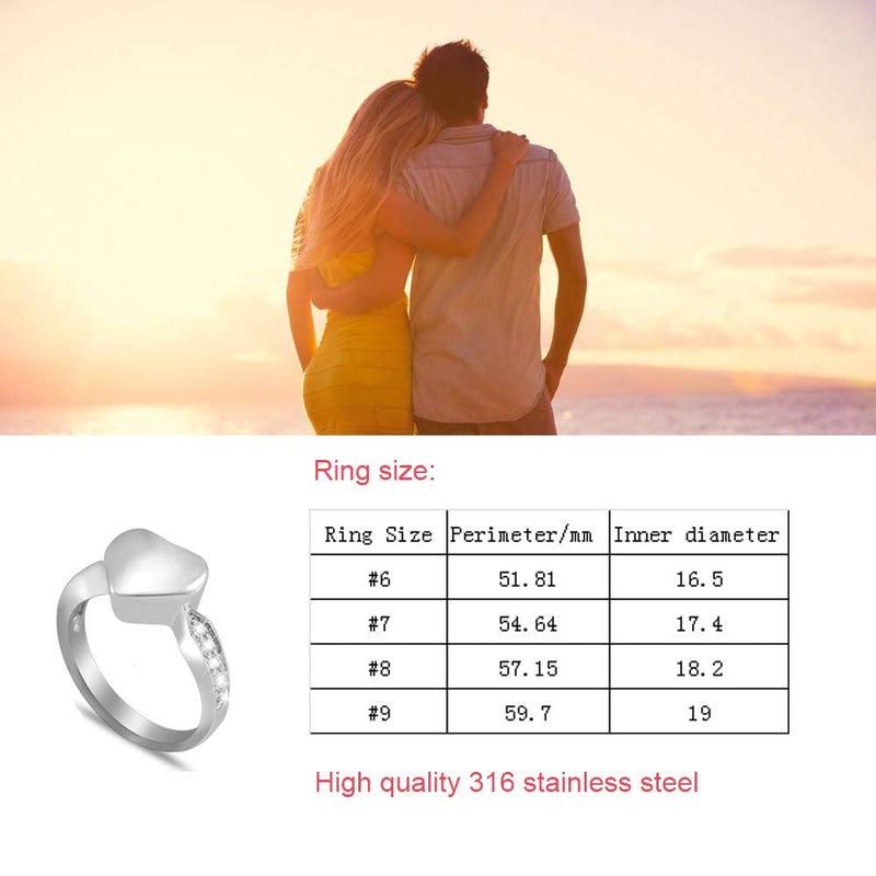 [Australia] - constantlife Cremation Ring for Ashes Engravable Heart Urn Finger Ring Crystal Embellishment Stainless Steel Memorial Jewelry #6#7#8#9 Silver 7 