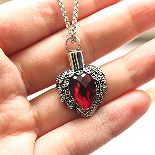 [Australia] - Zahara Memorial Urn Necklace (20 Inches) with Velvet Pouch & Fill Kit | Ruby Angel Heart Pendant and Chain (Nickel Free) 