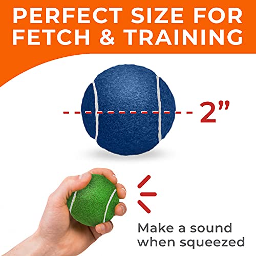 Squeaker Balls for Dogs - 4 Pack - 2in Squeaking and Fetching Dog Balls Toys, Tough Chewing Toys Playing & Training for Small Medium Large Dogs - Blue Green Orange Red Tennis Ball - Indoor and Outdoor - PawsPlanet Australia