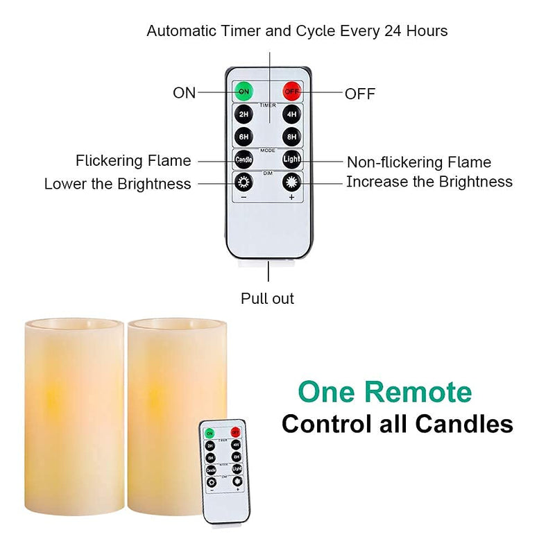 Amagic 3" x 6" Wax Flameless Candles, Battery Operated Flickering LED Pillars with 2 Remote Controls and Timers, Amber Yellow Glow, Long-Lasting, Indoor, Ivory, Set of 2 3" x 6" - PawsPlanet Australia