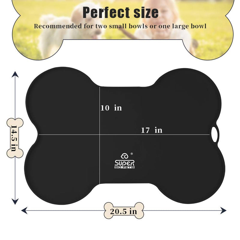 [Australia] - Super Design Silicone Waterproof Placemat - Bone Shaped Pet Feeding Mat, Silicone Raised Lip Non Spill Dog Cat Bowl Mat Black/Bone Shaped 