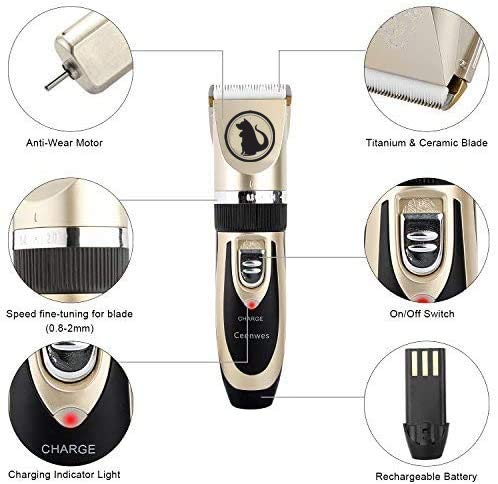 Ceenwes Dog Clippers Low Noise Pet Clippers Rechargeable Dog Trimmer Cordless Pet Grooming Tool Professional Dog Hair Trimmer with Comb Guides Scissors Nail Kits for Dogs Cats & Other(Gold) Gold - PawsPlanet Australia