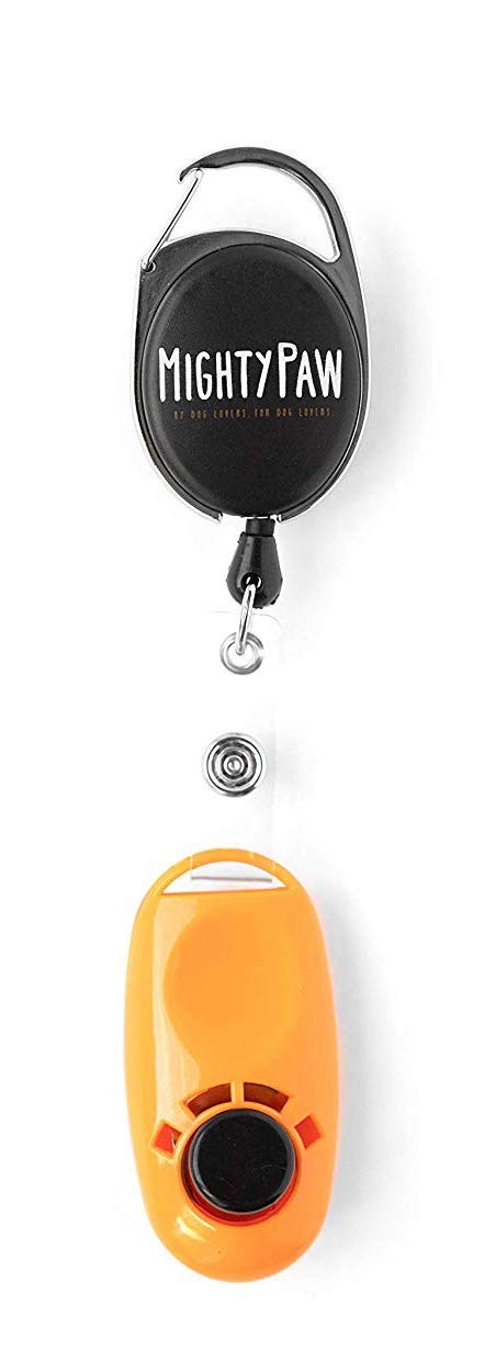 Mighty Paw Dog Training Clicker, 2 Attachment Options, Retractable Belt Clip + Wrist Lanyard (Orange) Orange - PawsPlanet Australia