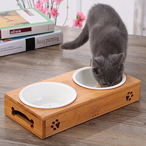 Da Jia Inc Solid Bamboo Elevated Pet Dinner Feeder for Small Dogs and Cats Raised Stand with Two Ceramic Bowls 2 Bowls Heart Pattern - PawsPlanet Australia