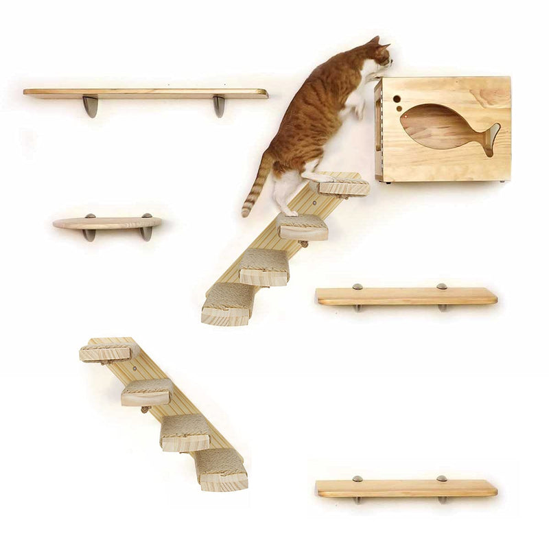 Butizone Cat Climbing Shelf Wall Mounted, Wooden Cat Stairway with Four Steps, Cat Stairs Ladder Shelf with Jute Scratching for Cat Climbing and Playing 1 piece - PawsPlanet Australia