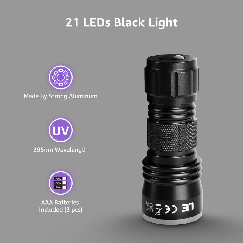 LE Black Light Flashlight, Small UV Lights with 21 LEDs, 395nm, Ultraviolet Light Detector for Invisible Ink Pens, Pet Dog Cat Urine Stain and More, AAA Batteries Included - PawsPlanet Australia