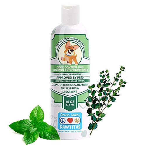 Pawtitas Dog Shampoo and Conditioner Aromatherapy Pet Care Plant Based Made with Certified Organic Natural Herbs, Essential Oil, Colloidal Oatmeal, Puppy Shampoo Deodorant Pet Odor Eliminator 16 Oz Eucalyptus & Spearmint - PawsPlanet Australia