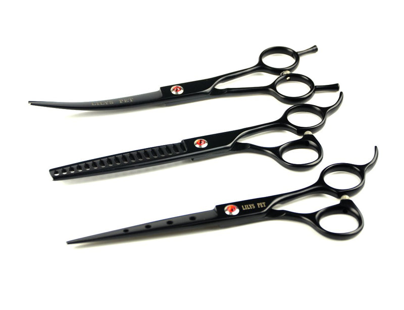 [Australia] - LILYS PET Professional PET Dog Grooming Scissors Cutting&Curved&Thinning Shears,Round Hole Design, Shark Teeth Thinning Scissor (7", Black) 