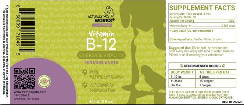 Zampa Liquid Vitamin B12 for Dogs and Cats - Pure Methylcobalamin (Methyl B 12) Vitamin Supplements for Pets to Increase Energy, Vitality and Mood - 2 oz (60 ml) - PawsPlanet Australia
