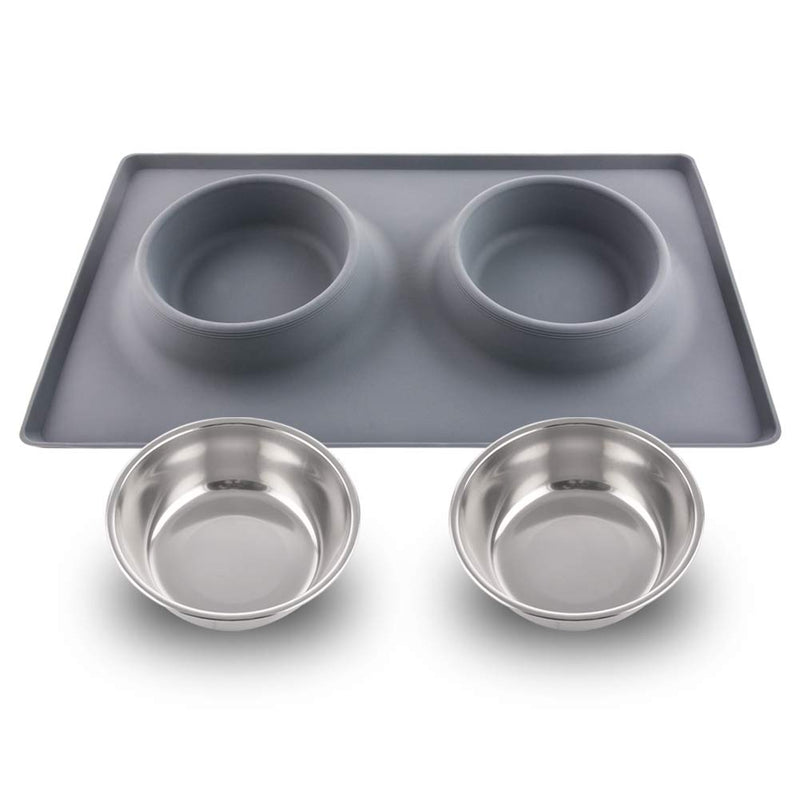 [Australia] - Guardians Dog Food Mat Stainless Steel Dog Bowls, 2 Medium Bowls (13.5oz Each), No Spill Non-Skid Silicone Mat Pet Feeder Bowl Small Animals Grey Square 