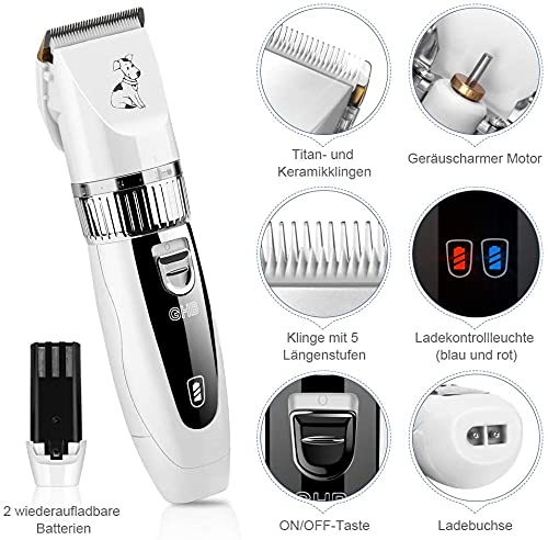 GHB Pet Hair Trimmer Dog Clipper Dog Clipper Dog Cat Pet Timmer with Dog Scissors 6 Attachments and 2 Rechargeable Batteries - PawsPlanet Australia